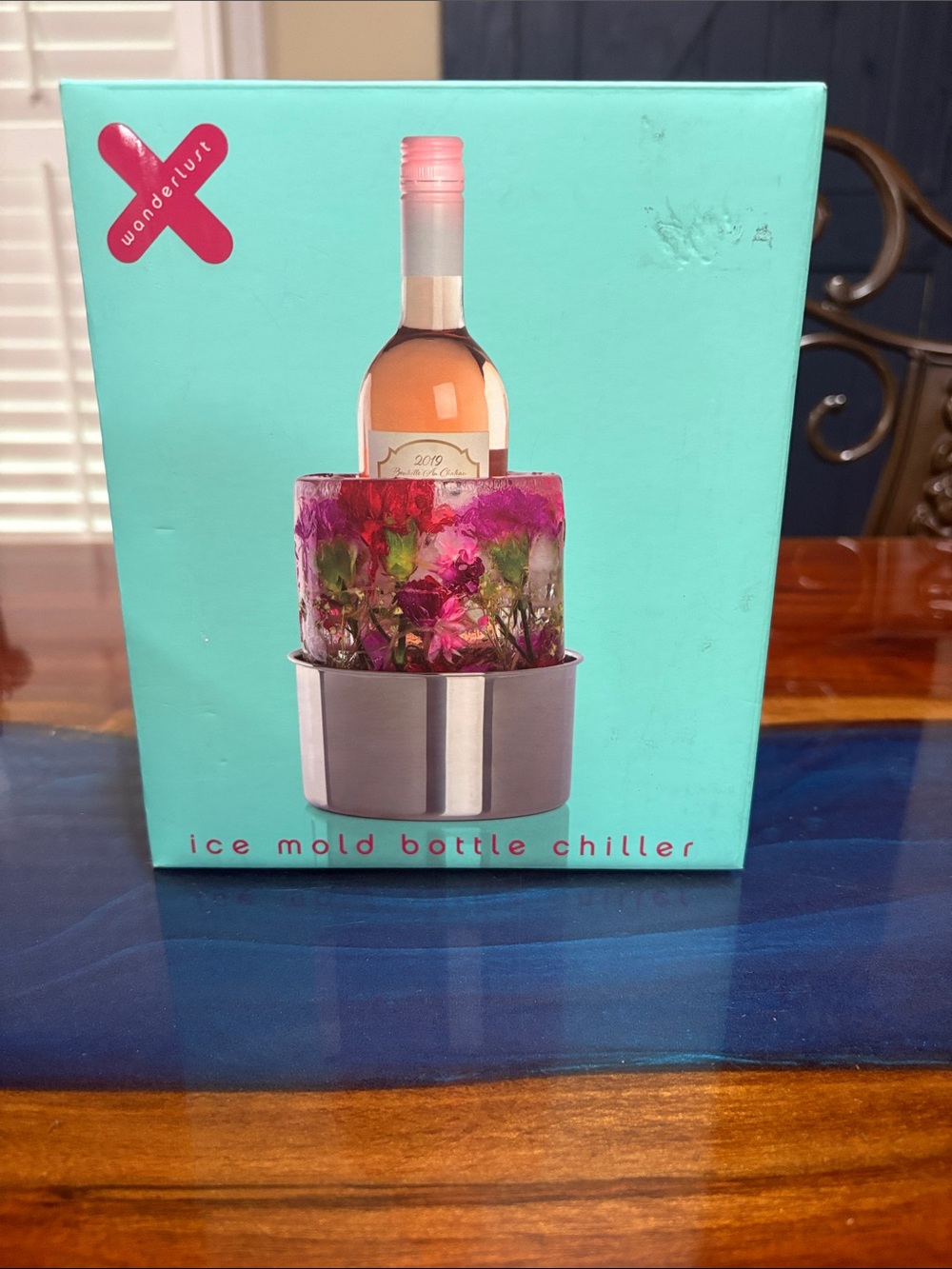Wanderlust Ice Mold Bottle Chiller - Aqua and Pink Accents